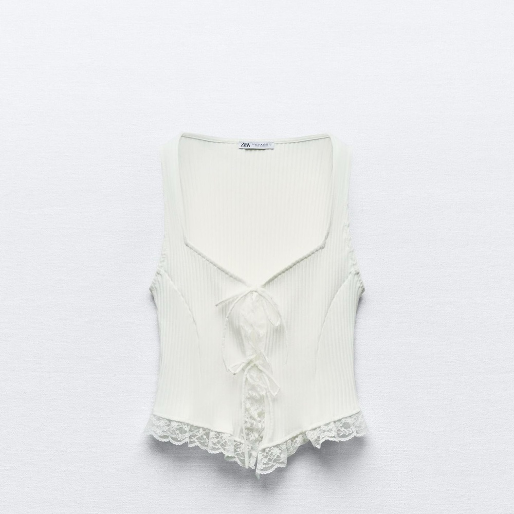 Zara White Lace Trim Ribbed Tank Top